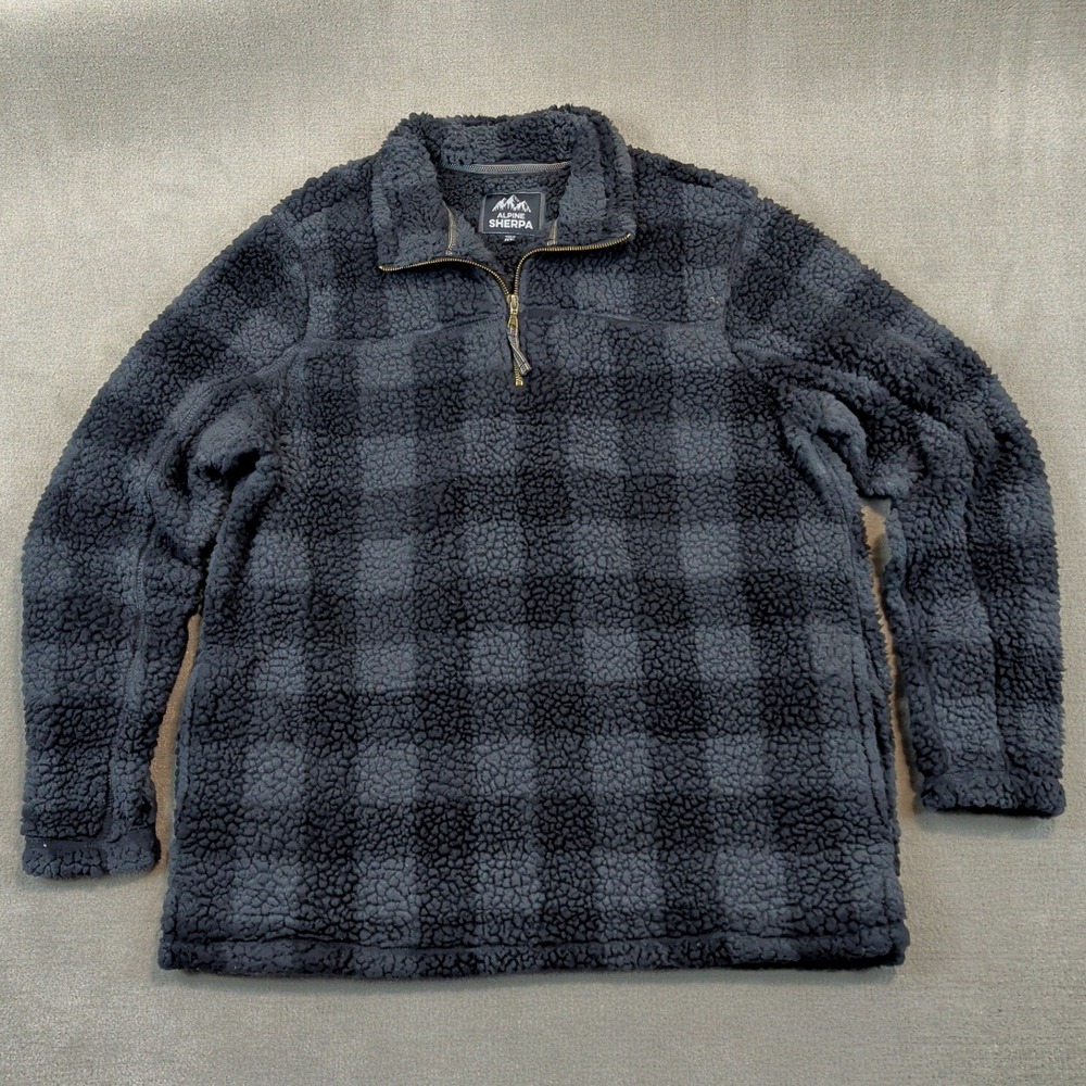 Alpine Sherpa Fleece Pullover Mens XL Grey Black Buffalo Plaid 1/4 Zip Jacket